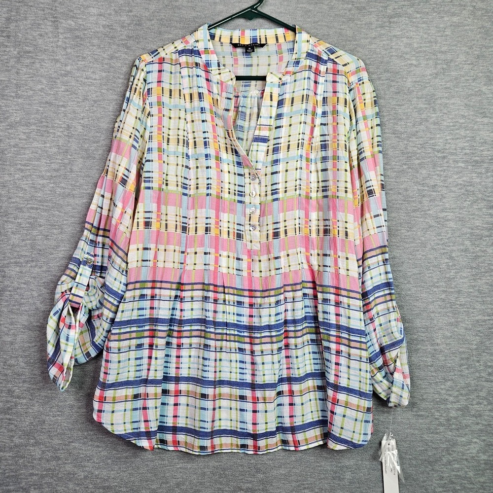 Zac & Rachel Women Plaid Blouse XL Roll Tab Sleeve Lightweight Top NWT - Picture 1 of 9